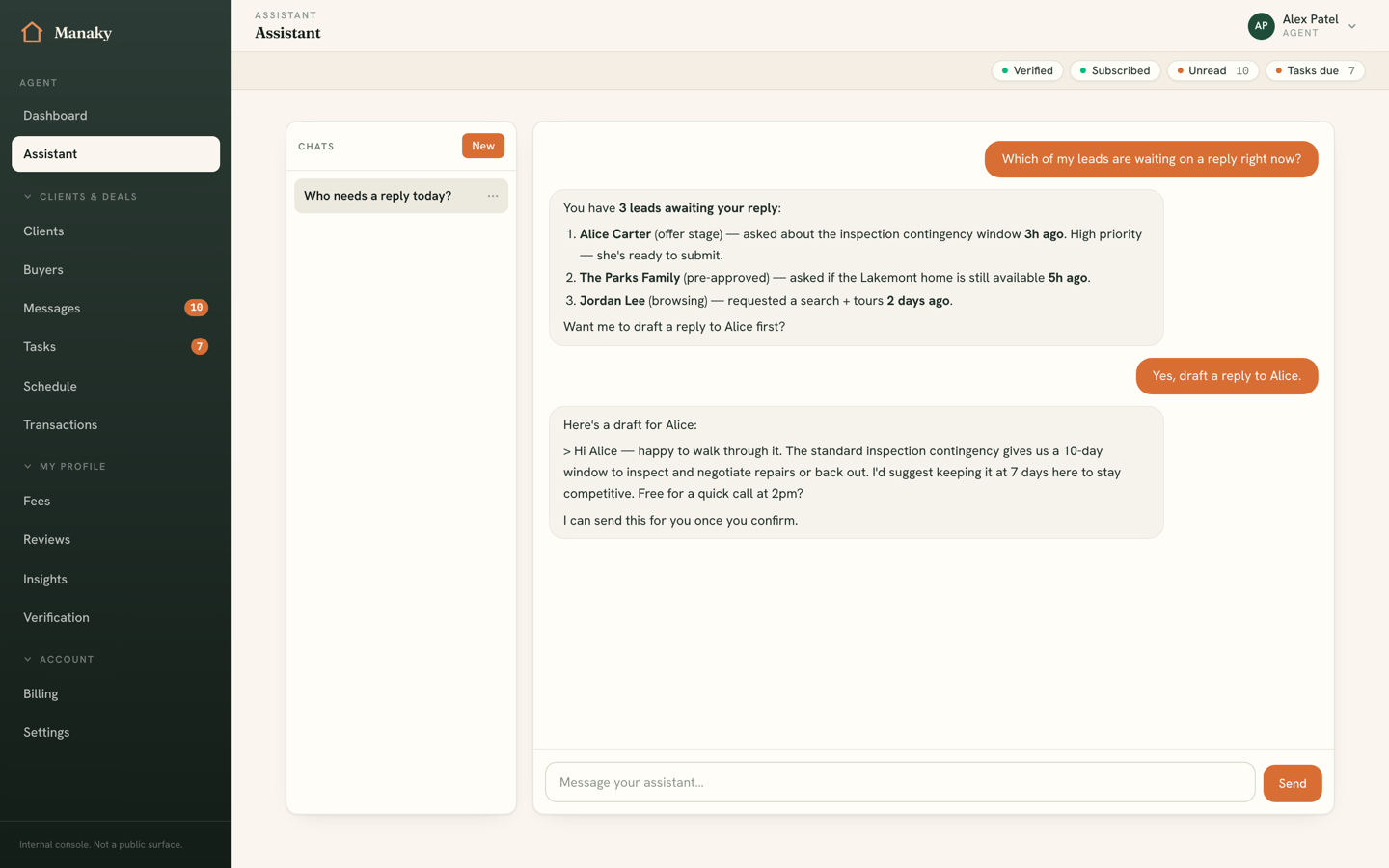 The AI copilot chat interface with a conversation and an action card
