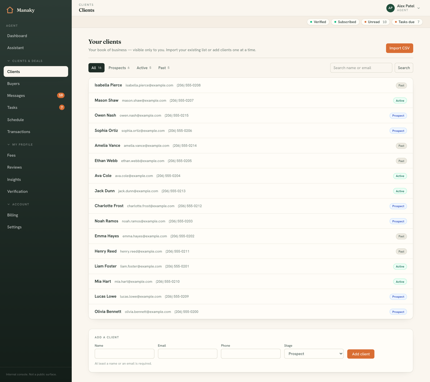 The contacts page showing a book of business grouped by lifecycle