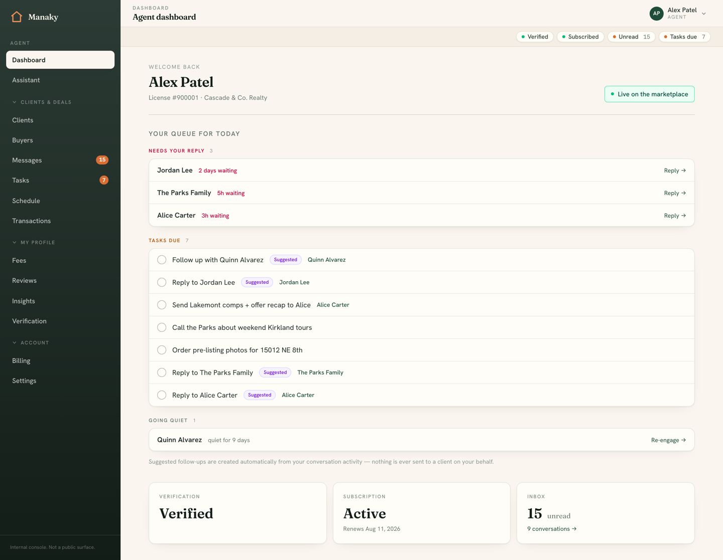 The agent dashboard showing the morning work queue and account status