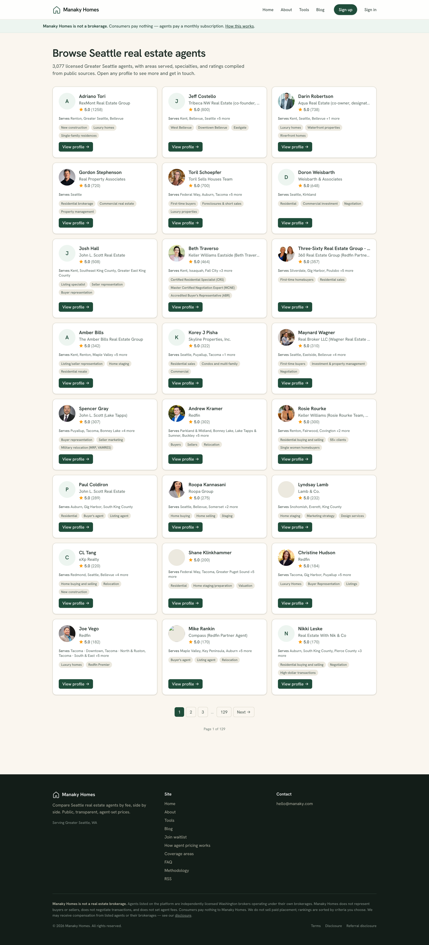The paginated public directory of verified agents