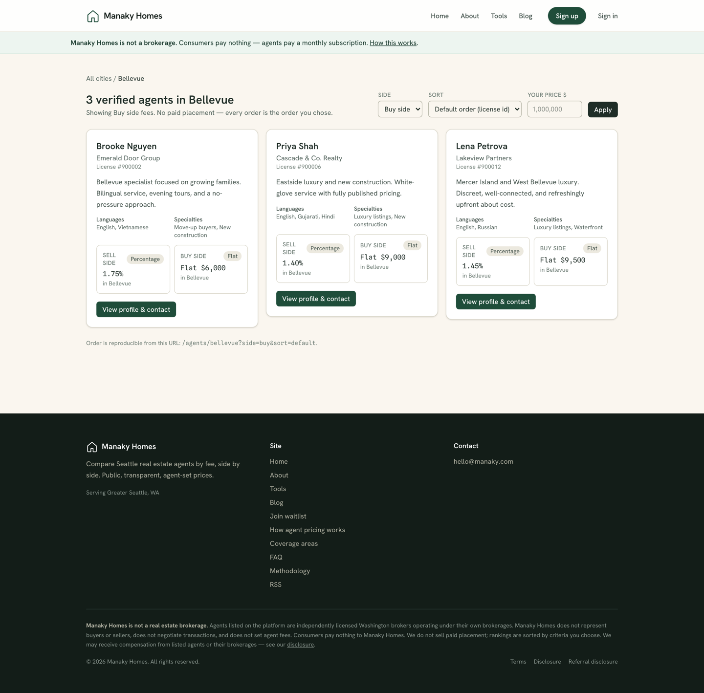 A grid comparing multiple agents' fees side by side for one city