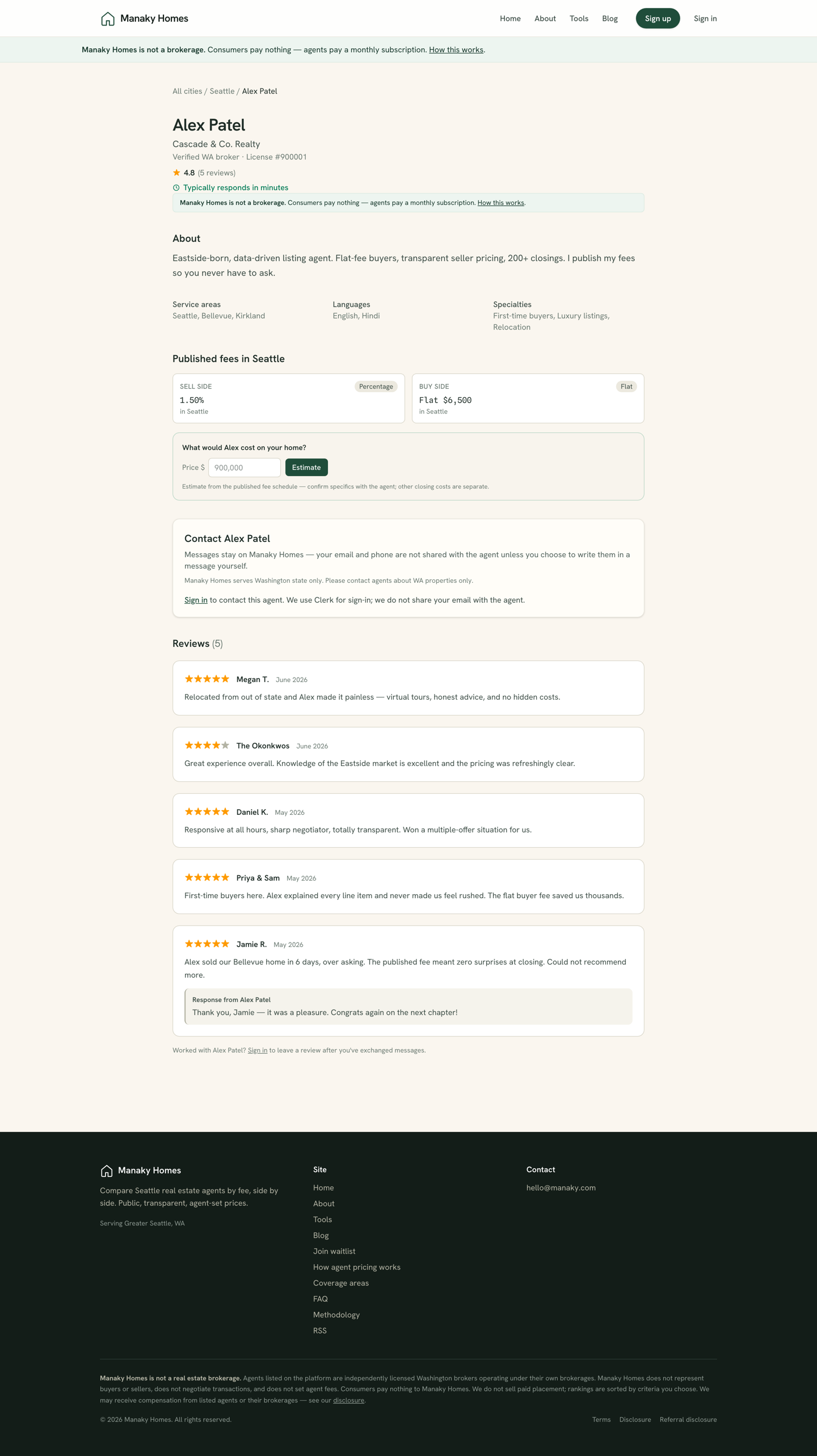 An agent's public profile page showing photo, fees, reviews, and a contact form