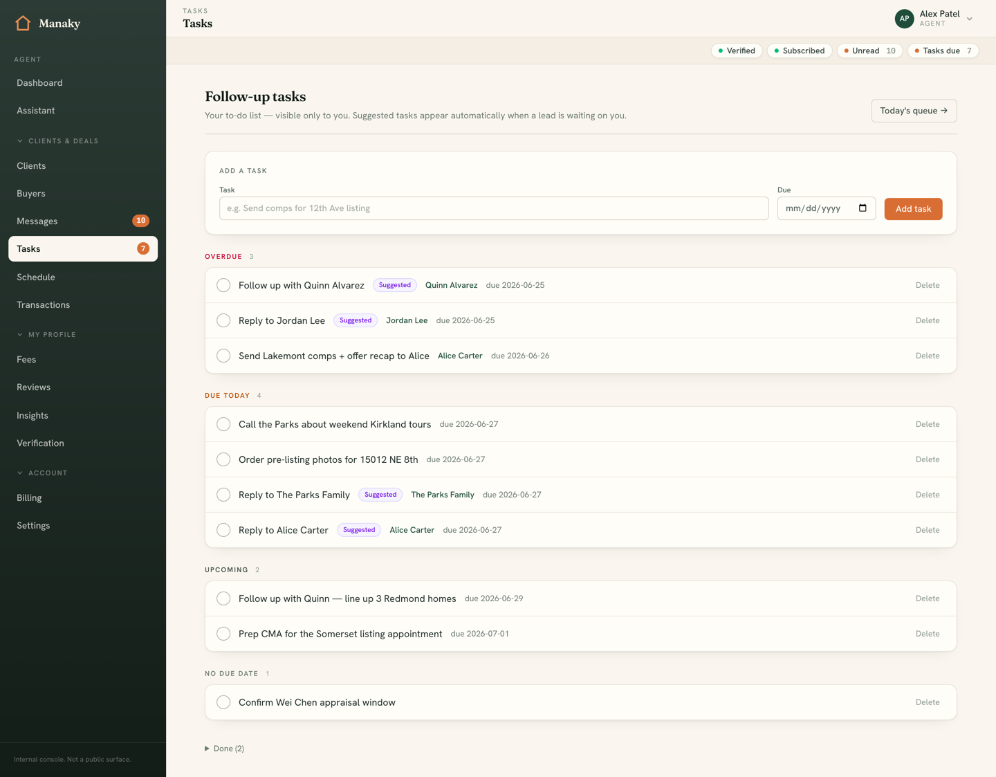 The task manager grouping follow-ups by urgency