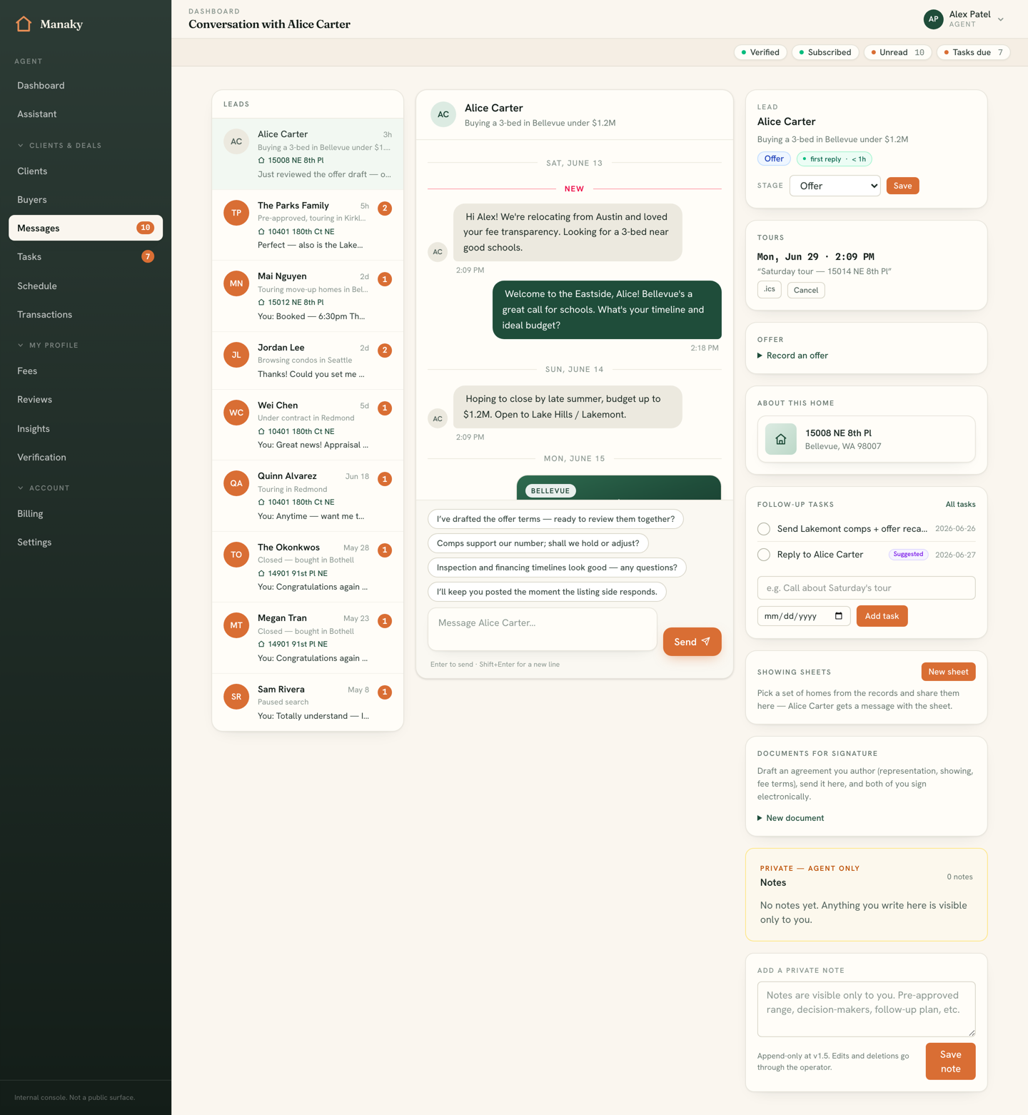 A conversation view with message history on the left and a CRM rail on the right